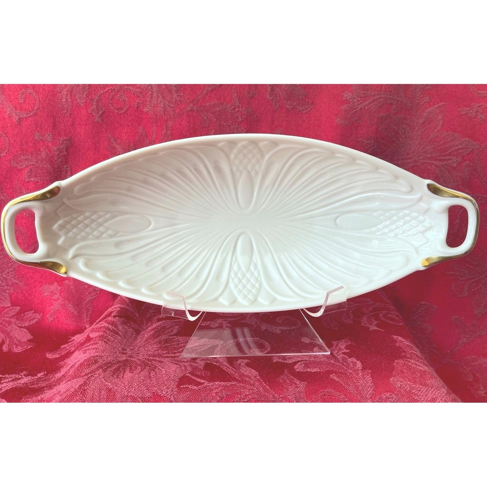 Lenox Monaco White Porcelain Embossed Oblong Serving Dish 24k Gold Handles USA